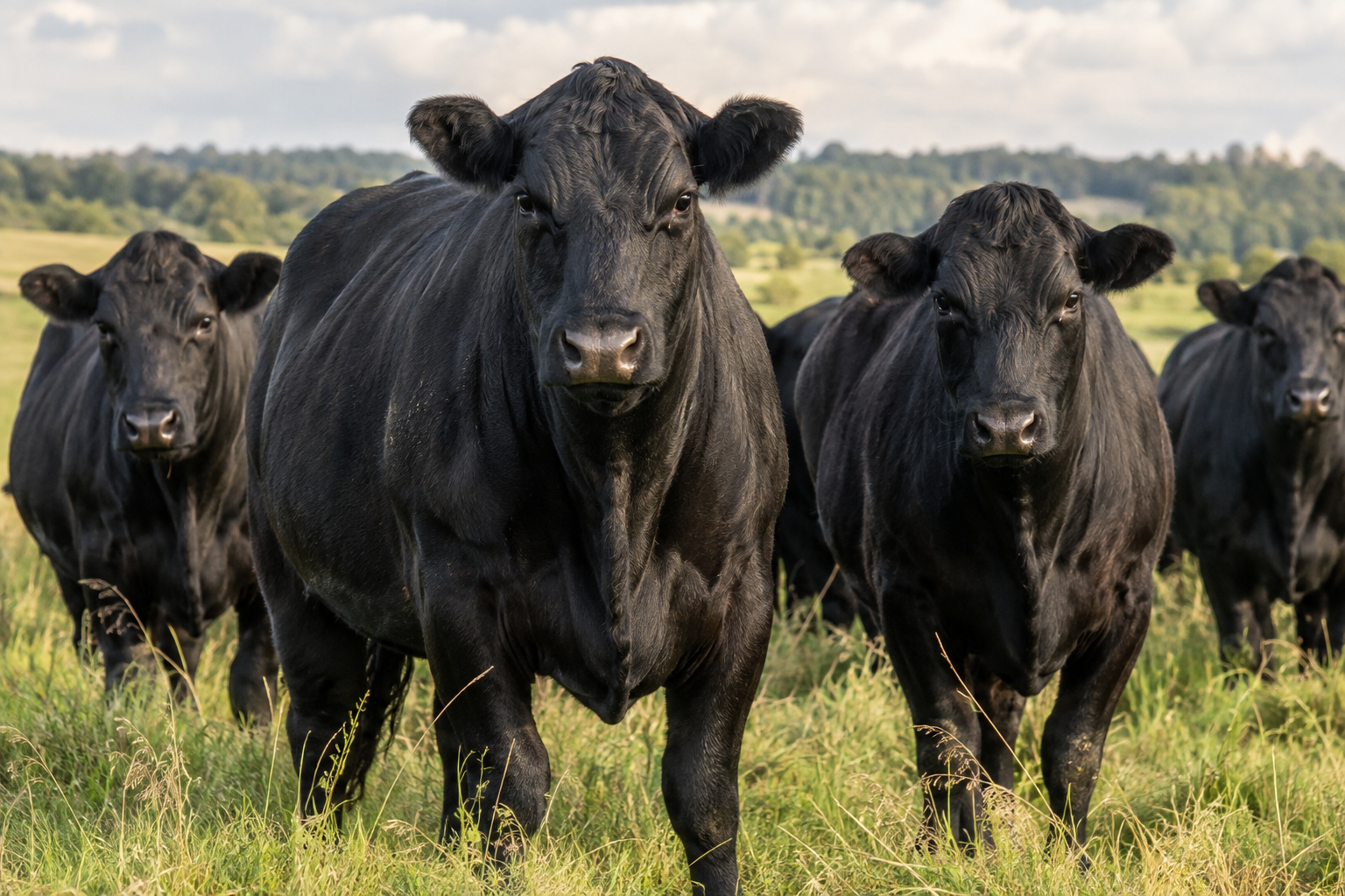 Schwarze Angus-Rinder in schottischer Landschaft